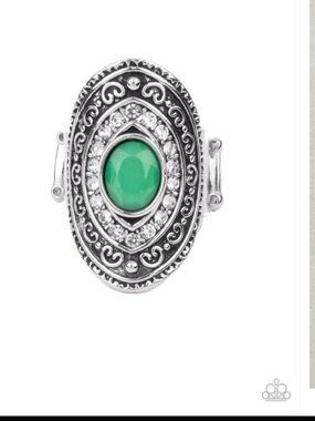 Entrancing Enchantment Silver-Tone Oval Ring with Green Cabochon  Clear Accents